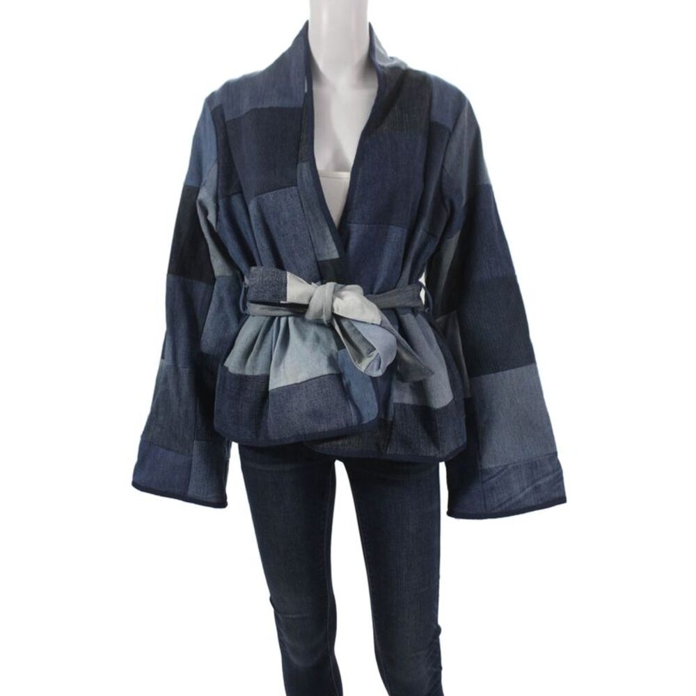 Sissel Edelbo Womens Kimono Blue Cotton Geometric Tie Long Sleeve Size M/L